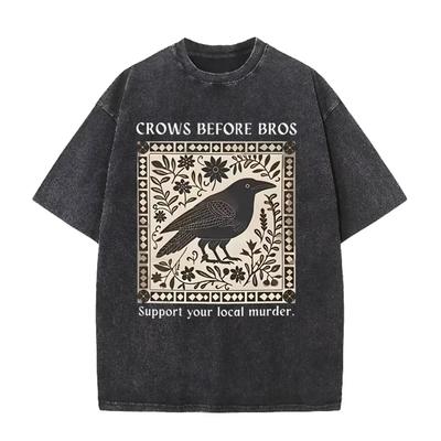 Ausgeblicktes Vintage-Wasch-T-Shirt Vintage Quadratisch Krähe Blumendruck Unterstütze Lokale Mord Lustiger Slogan Lockere T-Shirts