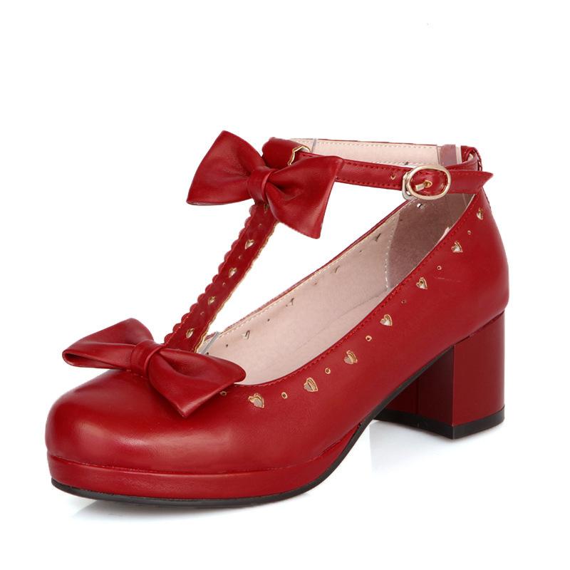 Plus Size 32-43 Girls High Heel Shoes Women's Platform Pumps Shoes Sweet Bowknot Kids Princess Party JK Uniform Shoes T Strap