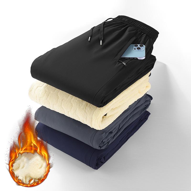 Winter Men's Drawstring Pocket Fleece-Lined Cuffed Casual Pants Comfortable Plush-lined Outdoor Trousers Male Thermal Pants