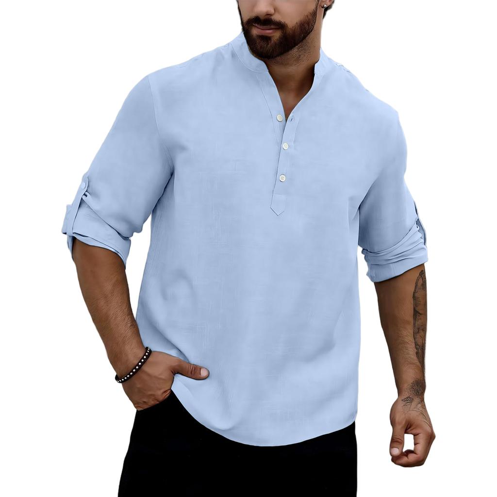 Men Henley Collar Long Sleeve Casual Shirt Lightweight Breathable Fabric Relaxed Fit Roll Up Sleeve Tunic Top