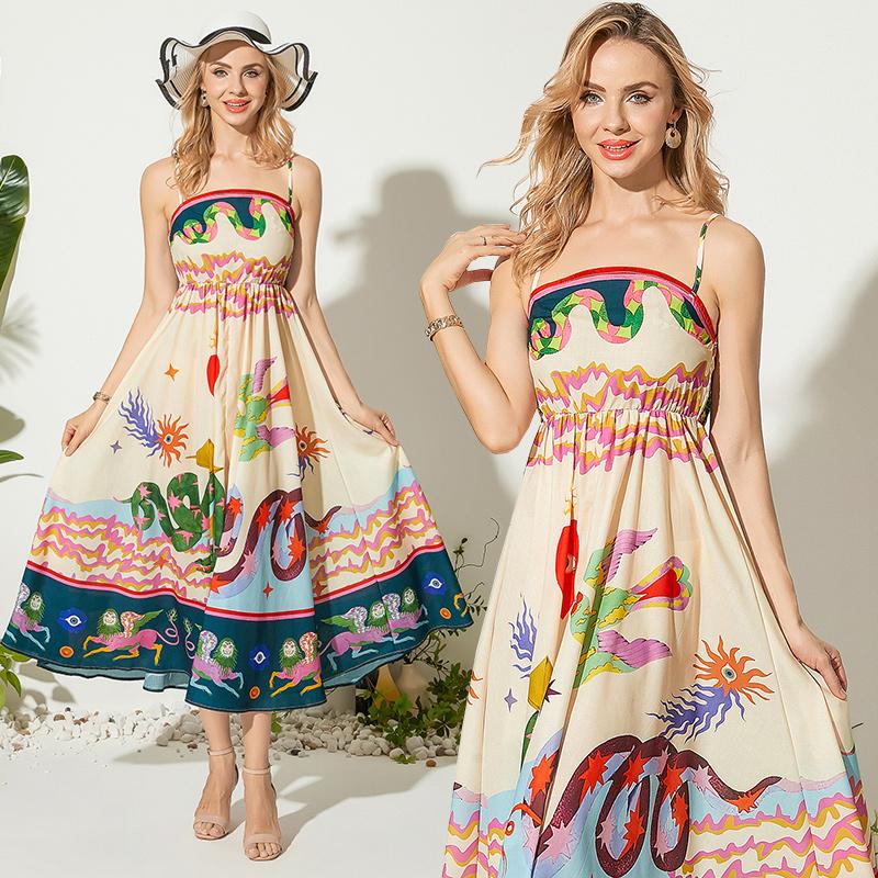 

Летние женские винтажные сарафаны на подиуме с принтом на бретельках длинное макси праздничное пляжное платье S