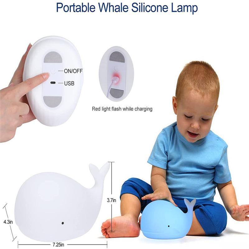 Children Led Luminous Whale-shape Night Light 7-color Usb Rechargeable Silicone Room Decoration