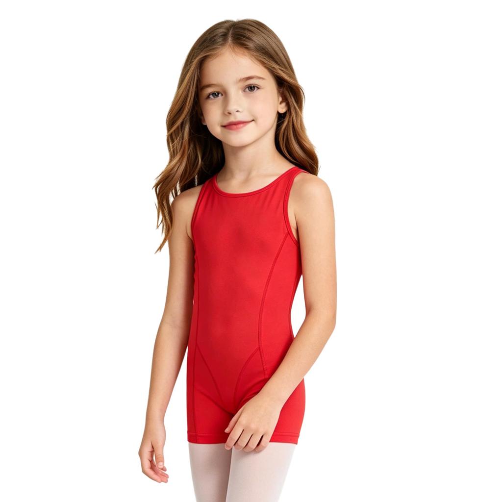 Kids Girls Gymnastics Dance Bodysuit Round Neck Sleeveless Back Invisible Zipper Thigh Length Jumpsuit for Practice Training
