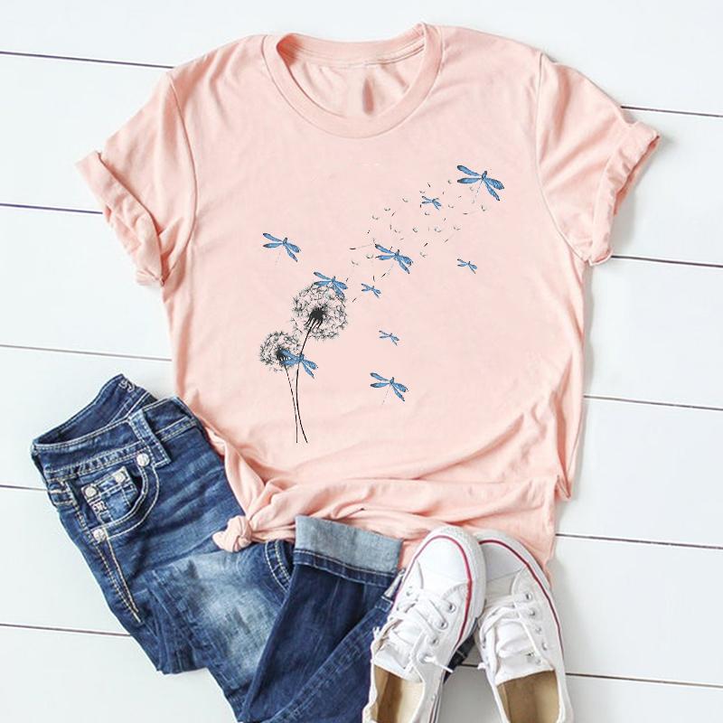(Asian Size) Dragonfly Dandelion Plant Short Sleeve Women Print Tee Top Summer Fashion Tshirt  Lady Female Clothing Casual Graphic T-shirt