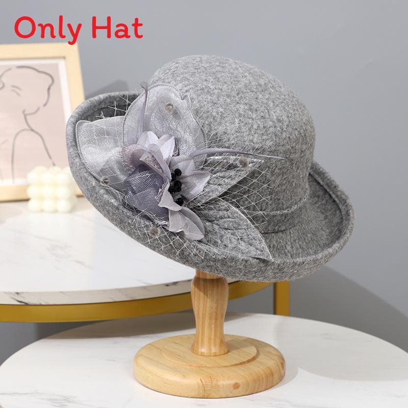 Woll-Barett für Damen mit Federblumen-Stickerei für Herbst-Winter-Mode