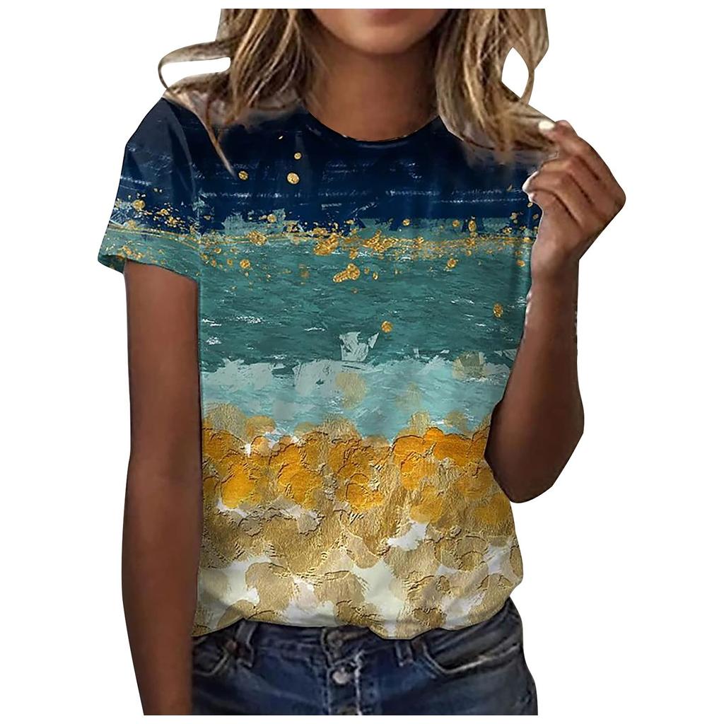 2025 New Summer Temperament Women's Sunrise Printed Women's T-shirt Round Neck Short Sleeve Street Casual Daily Basic Tops