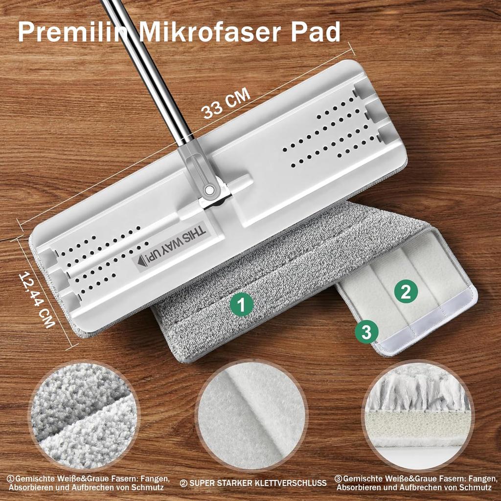 JOYMOOP Flat Microfiber Mop for Floor Cleaning Wall Cleaning cm Mop Handle Flexible 33 cm Flat Head with Microfiber Mop Pad White Mop, 125.5 -