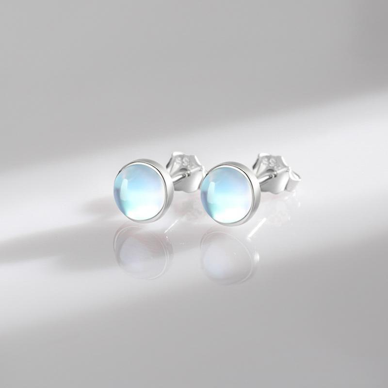 925 Sterling Silver Round Exquisite Moonstone 4 5 6 MM Stud Earrings Platinum Plated Charm Ear Studs For Women Jewelry