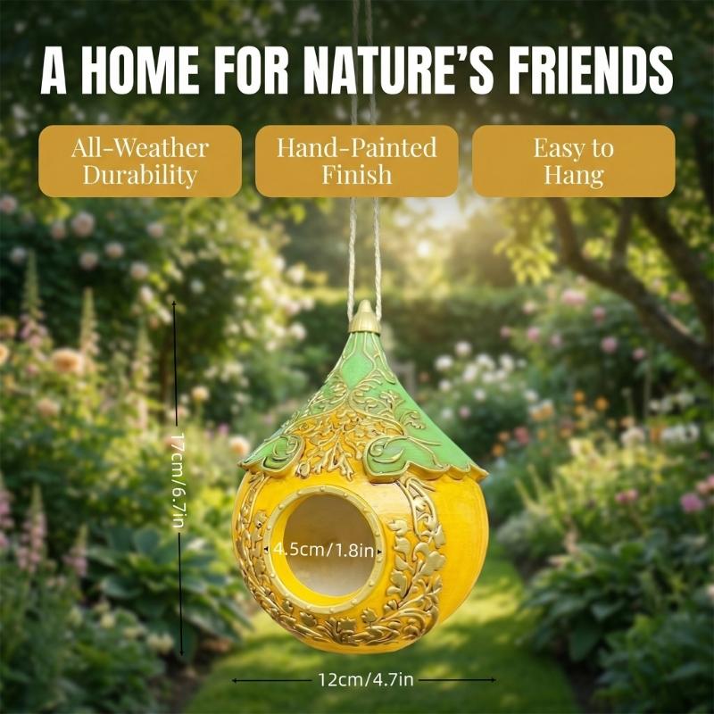 Gourd-Form Bird Shelter for Small Birds, Hanging Decorative Outdoor Bird Houses with Relief Plant Motifs and Rope-Suspended Placement