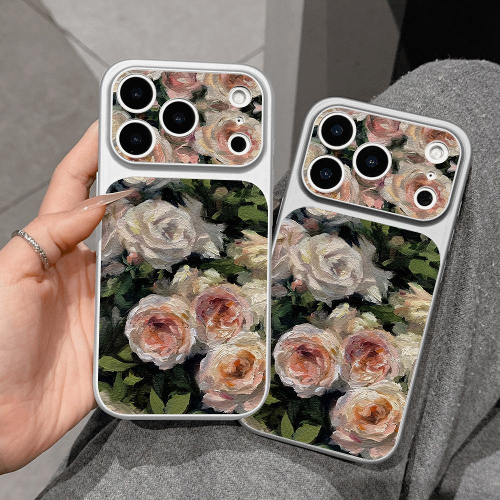 Oil painting rose is suitable for Apple 16ProMax seconds to change the leather mobile phone case 15/14 all-inclusive 17 advanced tide case