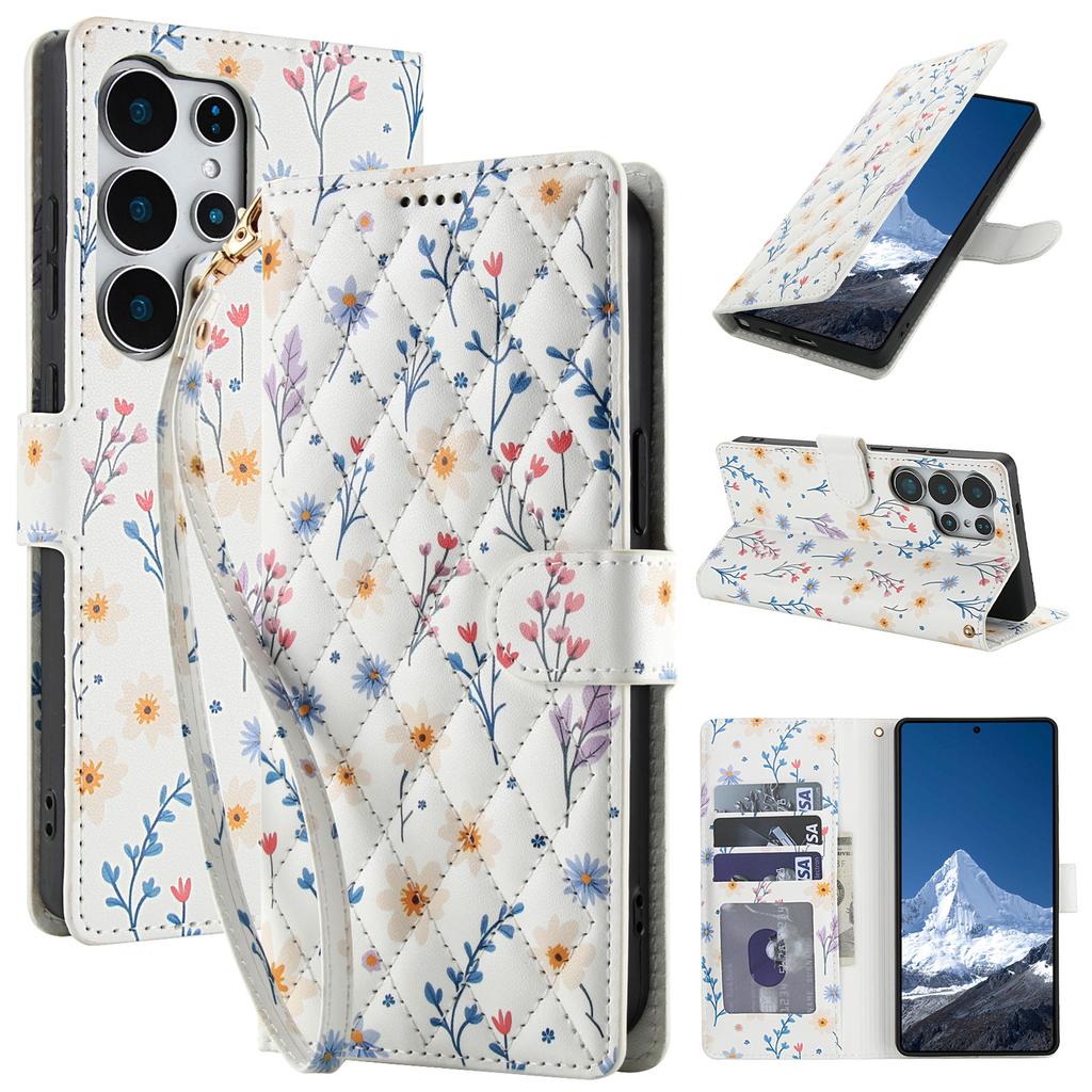 Rhombus Flower Pattern Leather Case for Samsung Galaxy S25 Ultra S24 Plus S23 FE S22 S21 S20 Note20 A36/A56 A55 A54 Wallet Cover