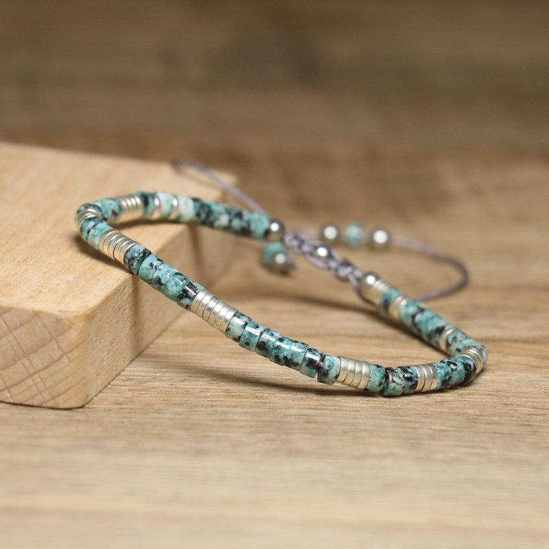 Turquoise Heishi Bead Bracelet – Silver Accent Adjustable Boho Jewelry, Protection Calm Gift for Men & Women