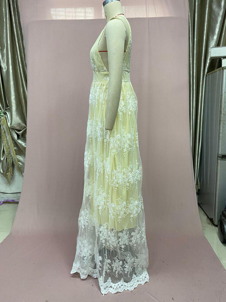 Summer 2025 European & American Women's Sexy Lace Deep V Sleeveless Evening Dress