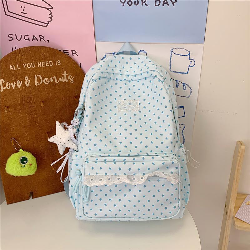 Zaino Grigio Nebbia con Ciondolo a Forma di Stella in Pizzo Borsa da Scuola Femminile Semplice a Pois Vento Gentile Zaino Grande Capacità per Studenti delle Scuole Medie