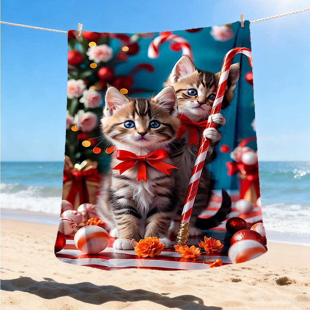 

1pc Candy Cane Kittens Outdoor Flannel Blanket Soft All Season Polyester Throw , Perfect for Picnics & Travel , Picnic Accessory 80x120cm