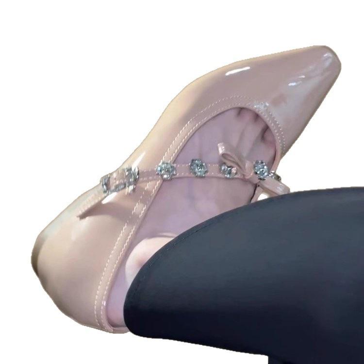 Temperament Inner Height Increase 5cm Nude Pointed Rhinestone Light Mouth Single Shoes Women's Autumn New Soft Sole Versatile Mary Jane Shoes