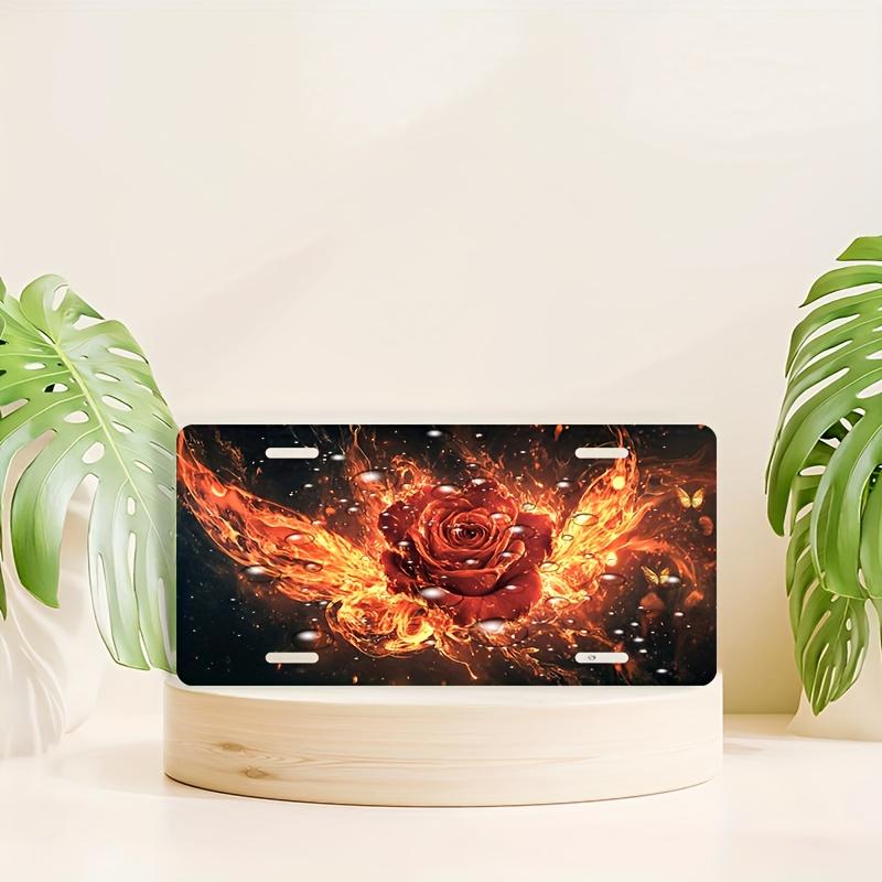D Flat Car Plate Cover and FrameDecoration OnlyFlaming Rose and Butterfly Decorative Front CoverDecorative License Plate