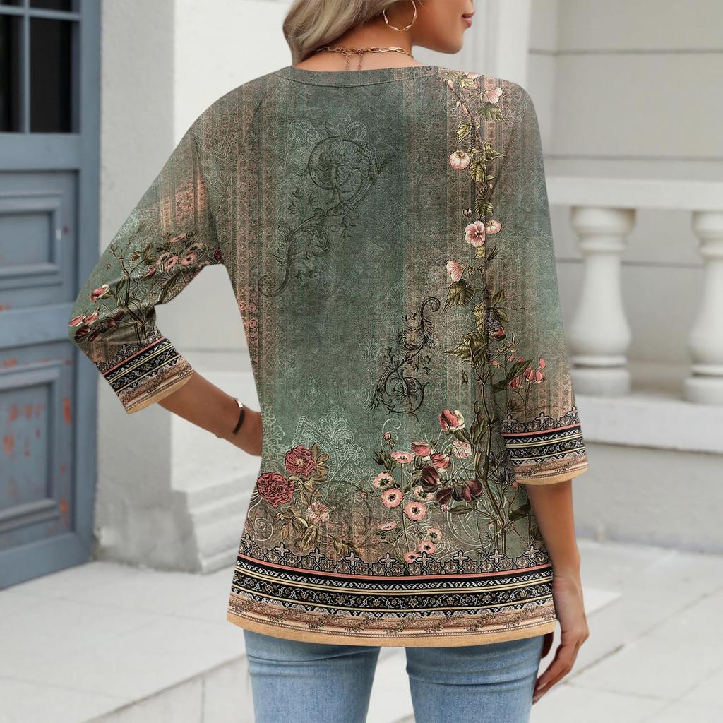 Women's V Neck 3/4 Sleeve Tops Casual T Shirts Basic Summer Tees Loose Fit Fall Pullover Tunic