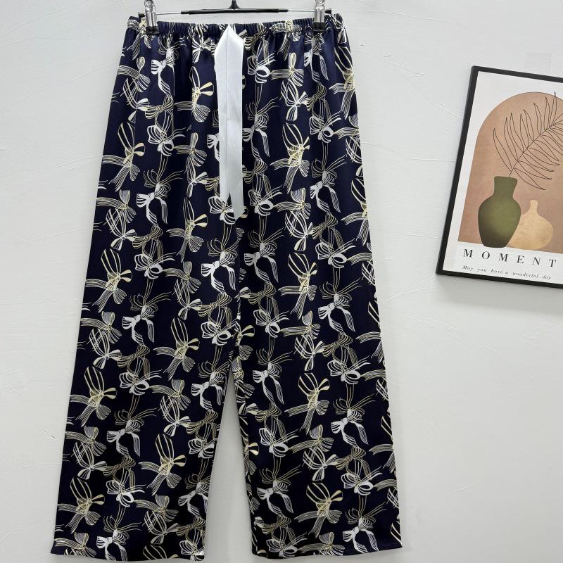 Damen-Blumen-Baumwoll-Seiden-Pyjama - Große Größen, Sommer, Leicht, Für draußen, Gerades Bein, Lockerer Schnitt