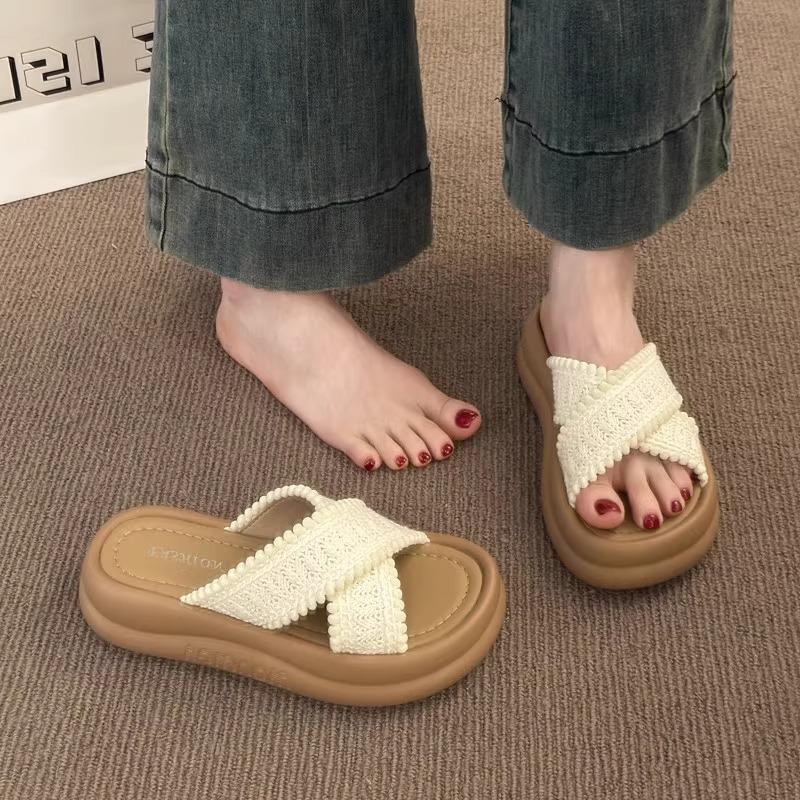 Thick bottom with skirt cool slippers women's summer wear new retro vacation seaside beach cross slippers