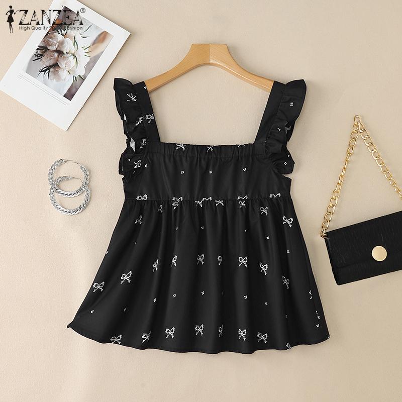 ZANZEA Women Casual Square Collar Bows Print Summer Sleeveless Tank Tops