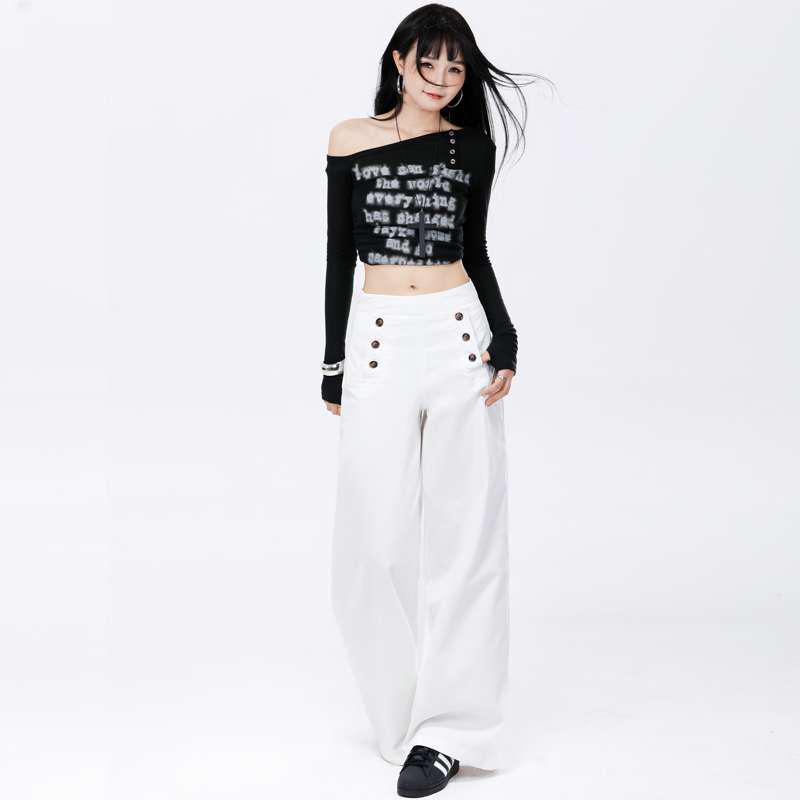 Autumn Women's High-Waisted Wide-Leg Pants with Multi-Button Design, Extended Length