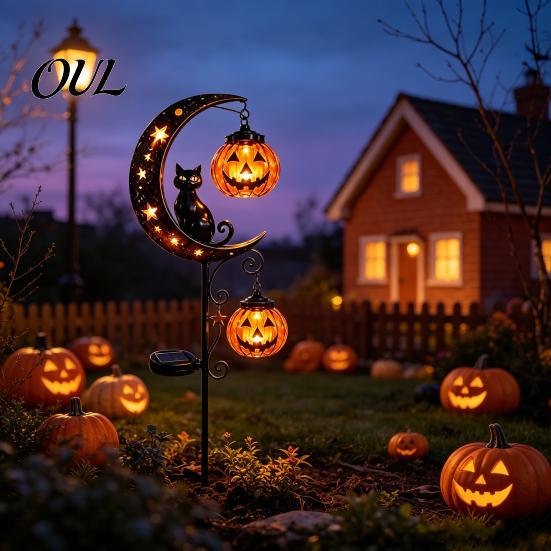 Dekorative Metall-Gartenstäbe Solar Halloween Gartenstecker-Licht, Automatisches Ein-/Ausschalten Halbmond Schwarze Katze mit Hängenden Gruseligen Außen-Terrassen-Akzenten Kürbis