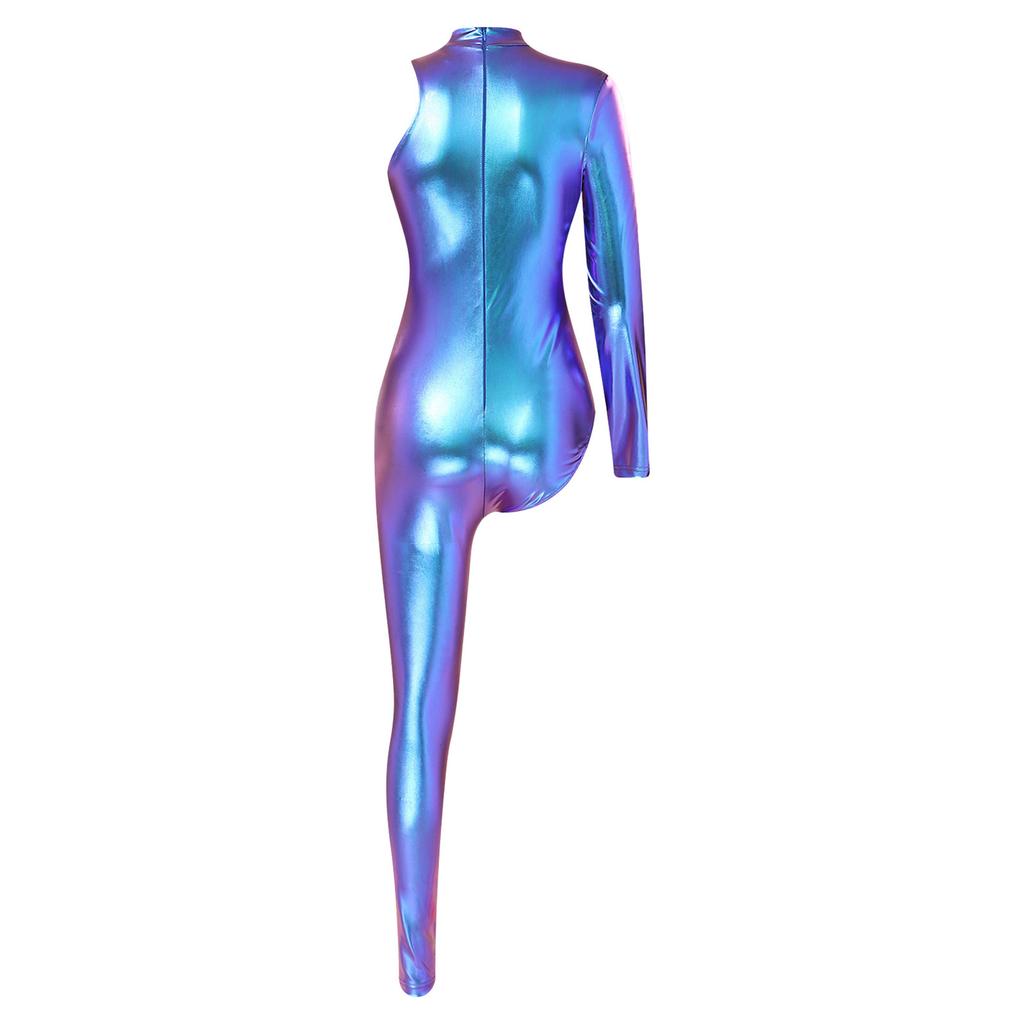 Single Long Sleeve Asymmetrical Bodysuit with Back Invisible Zipper Metallic Shiny Finish for Women Club Carnival Rave Party
