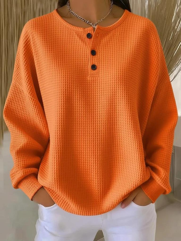 Women's Solid Waffle Long-Sleeved Pullover T-Shirt with Round Neck and Button Closure