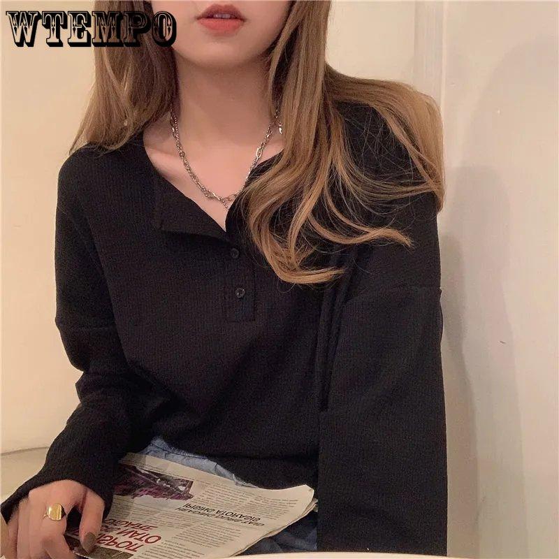 WTEMPO Women Long Sleeve Casual T-Shirts Elegant Simple Solid Button Design Retro Ins Spring Ladies Tees Loose All-match Tops