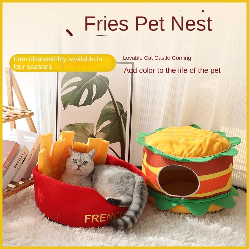 Burger Cat Bed for Indoor Cats, Thickened Enclosed Cat House & Pet Villa, Four-Season Cave Cat Nest with Cushion, Small Dog Kennel, Customizable