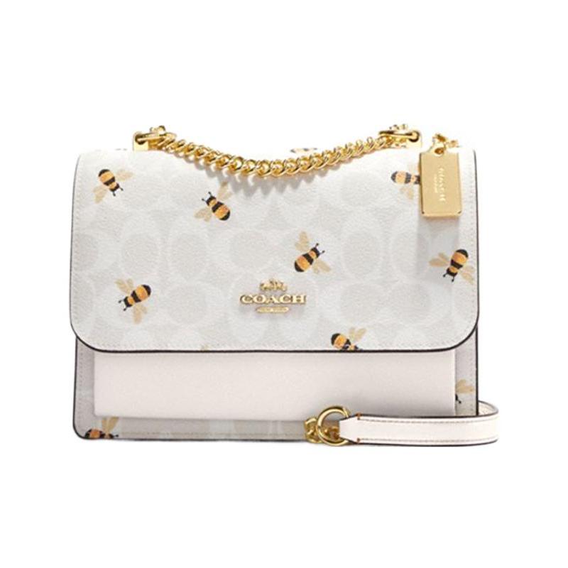 

COACH Klare 21 bee print chain shoulder strap canvas and leather crossbody bag small size women s glacier white білий