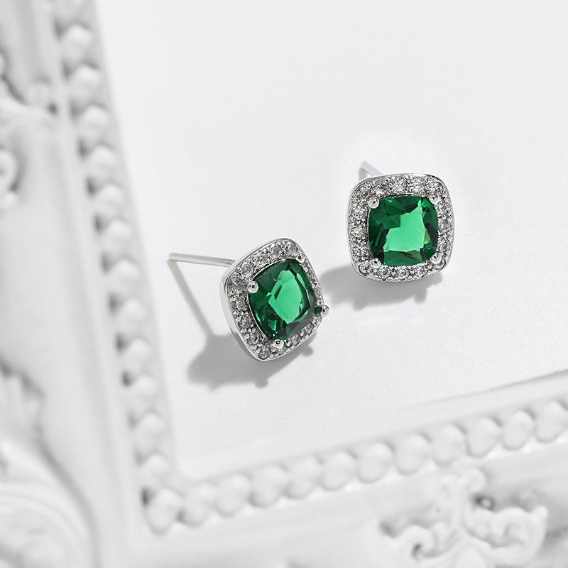 Popular Multicolor Earrings Four-claw Square Emerald Single-drill Earrings