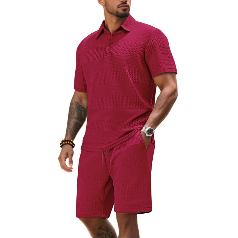 Men's Summer 2 Piece Outfit, Waffle Knit Polo Shirt and Elastic Waist Shorts, Casual Tracksuit for Beach Streetwear