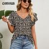 Women's Summer T-shirt Printed V-neck Double Layer Ruffle Sleeve Loose Top T-shirt