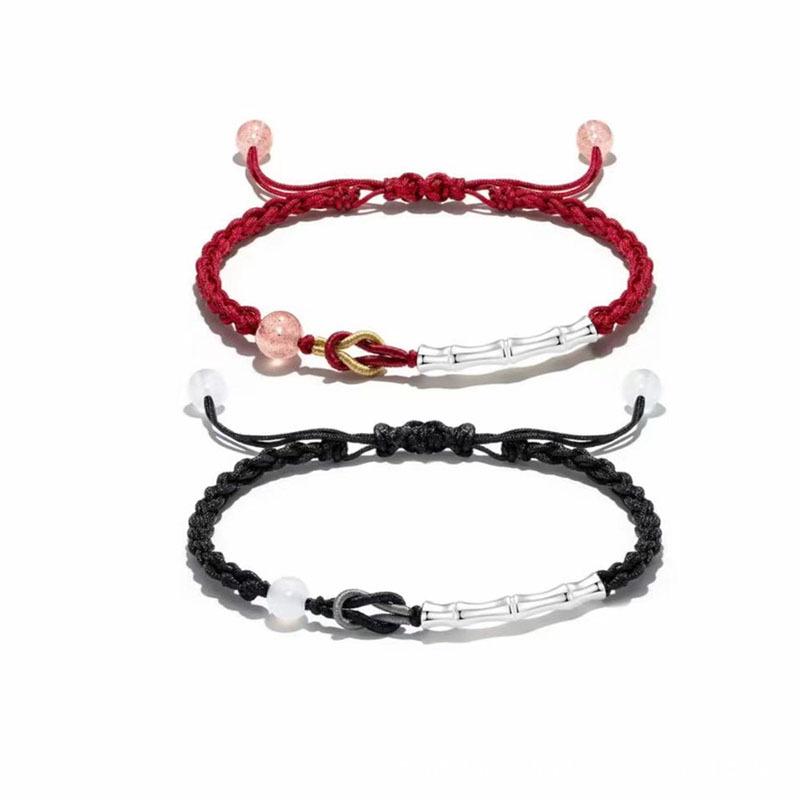 Sterling Silver 999 Bamboo Peace Bracelet: Pure Silver, Handmade Braided Rope, Couple & Best Friend Style. Red Rope Style