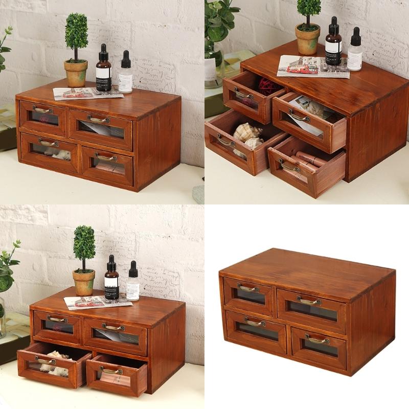 Vintage Style Wooden Desktop Organizers Box With Four Drawers Cabinet Storage Holder For Organizing Makeup And Jewelry