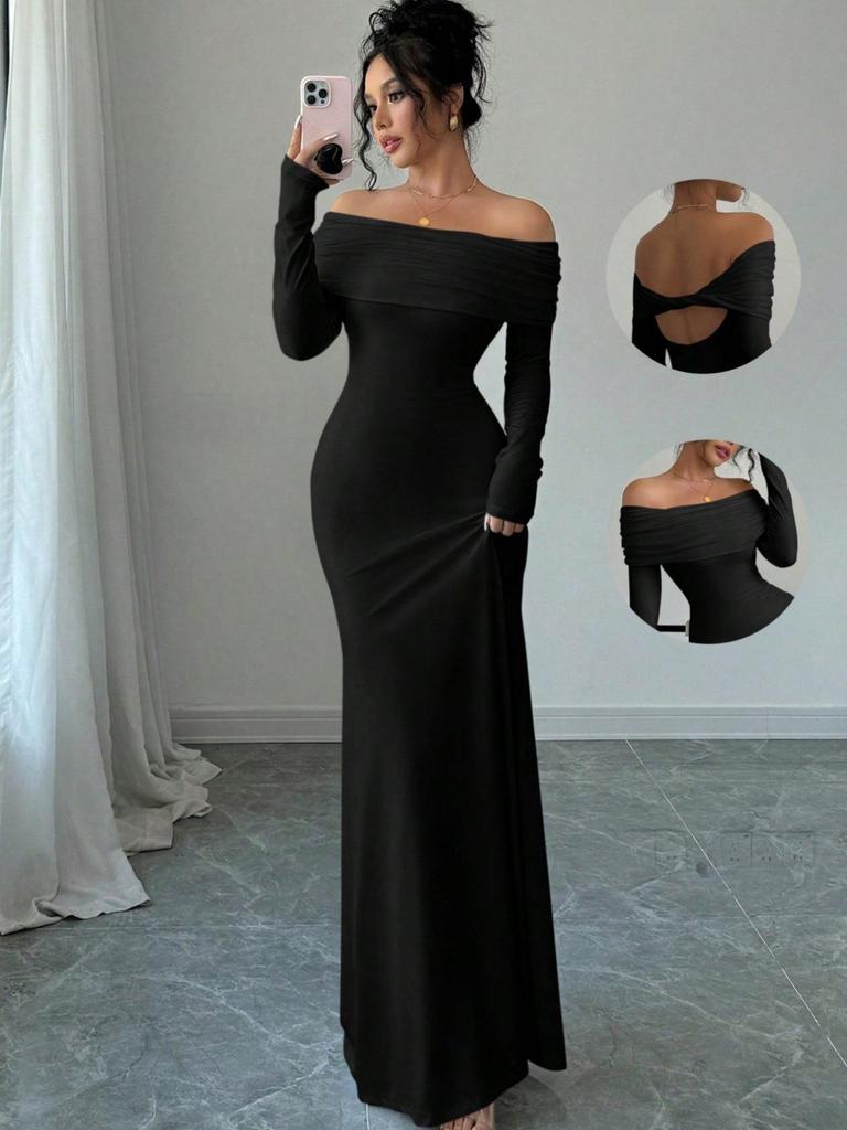 Elegant Women's Off-the-Shoulder Cross Backless Evening Gown