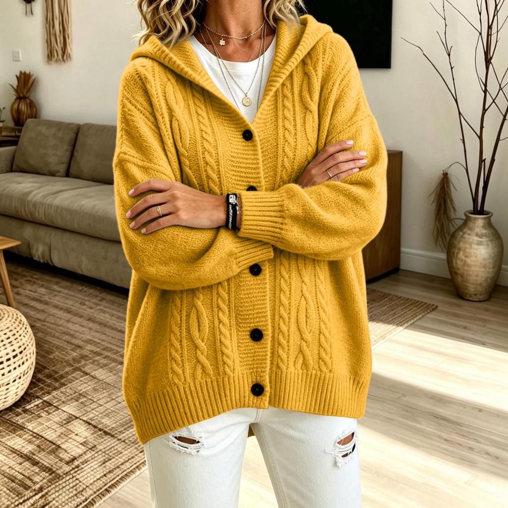 Damen Pullover Mantel mit Kapuze, farbig, Zopfmuster, lockere Passform