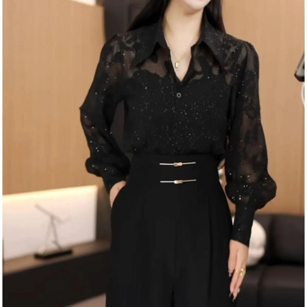 Women's Spring Slimming Elegant Sun Protection Shirt Long-Sleeve Sequined Black Blouse