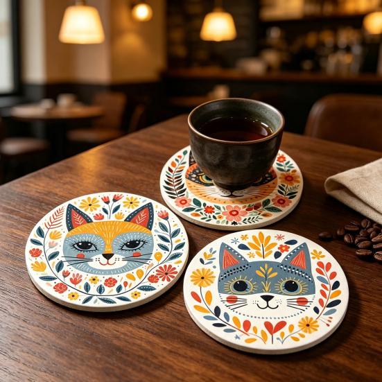 Solid Wood Cup Holders for Workstation 6 Pcs Cute Cat Coasters, Thick Heat-Resistant Coaster Tabletop Protection, Non-slip Mats Non Slip Drink