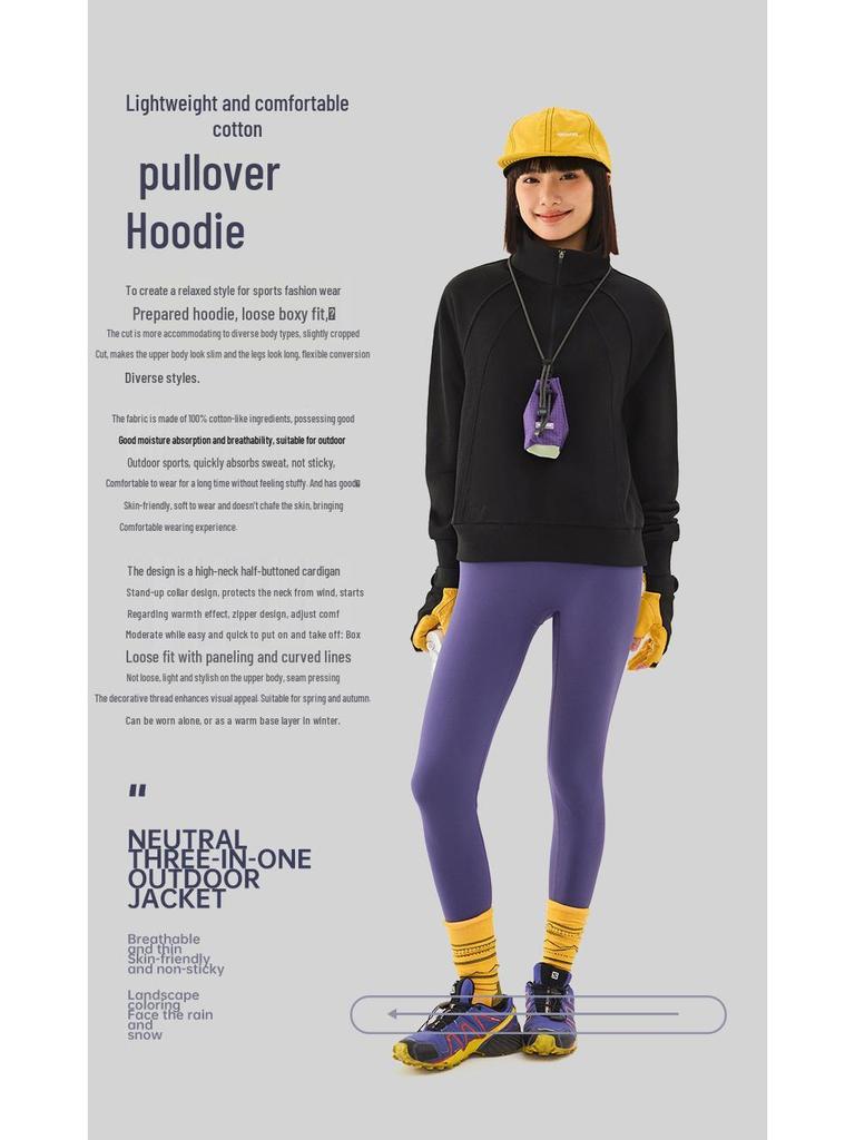 TECTOP Women's Cotton Hoodie: Breathable, Loose Fit, Stand Collar, Half-Zip, Long Sleeve for Autumn/Winter.