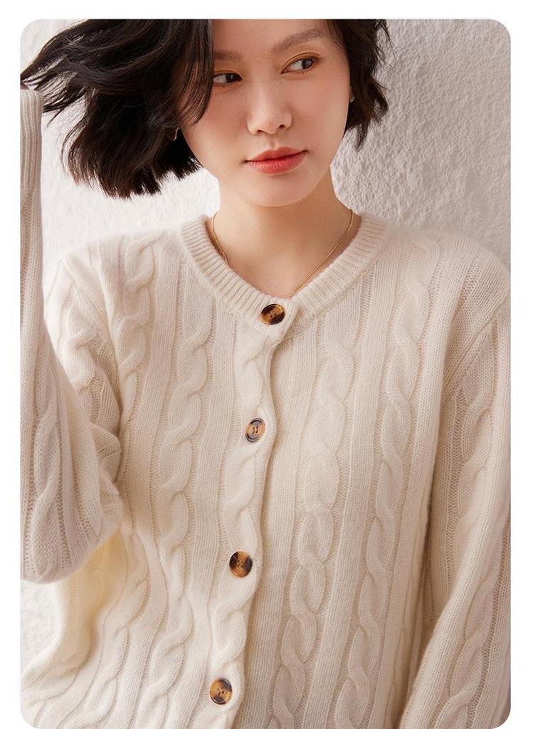 Women's Thick Cable Knit Cashmere Cardigan - Autumn/Winter Round Neck Loose Knitwear Jacket
