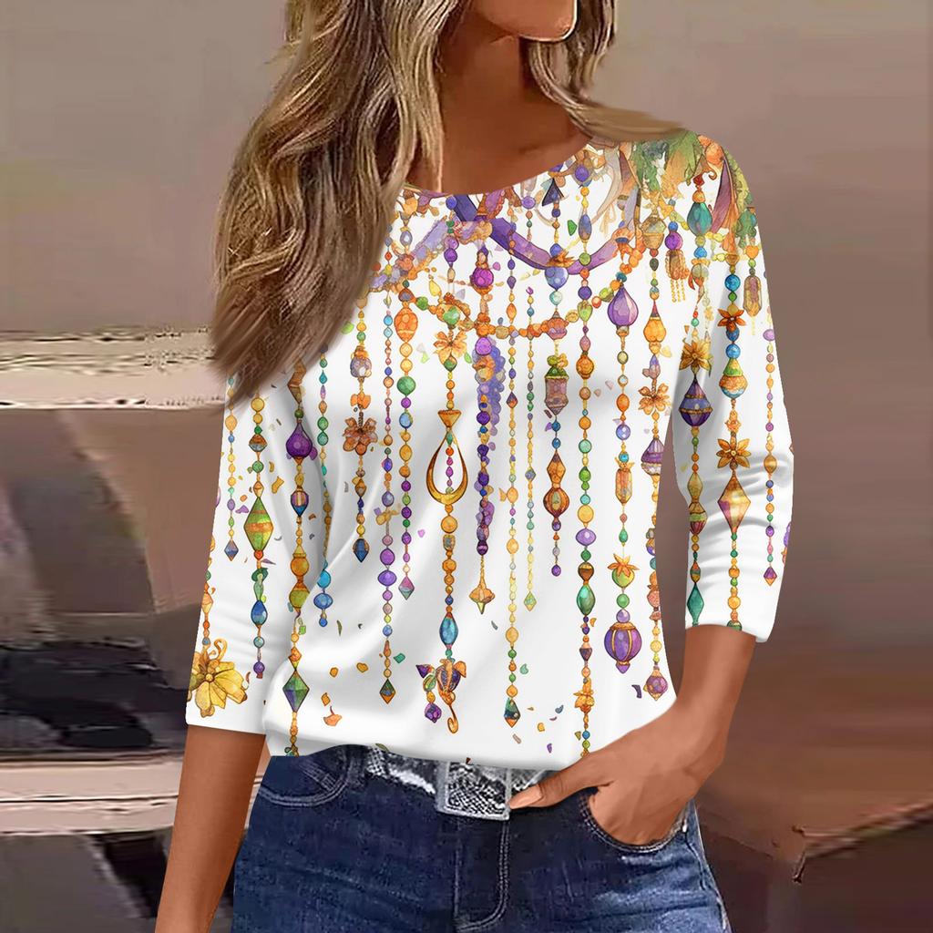 3/4 Length Sleeve Womens Tops Floral Print Vintage Fashion Casual Loose With Round Neck Plus Size Shirts