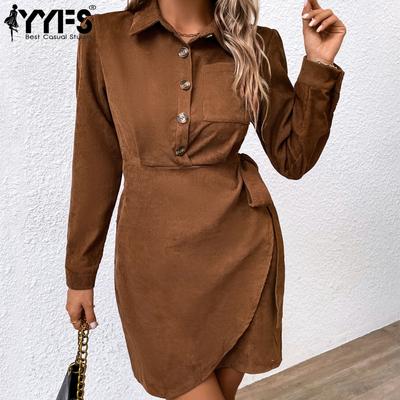 Women's Fashion Autumn Winter Solid Color Print Long Sleeve POLO Neck Casual Dresses