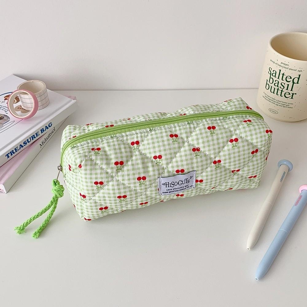 Large Capacity Fruit Cherry Pencil Bag Single Layer Cloth Plaid Pen Bag  School Office
