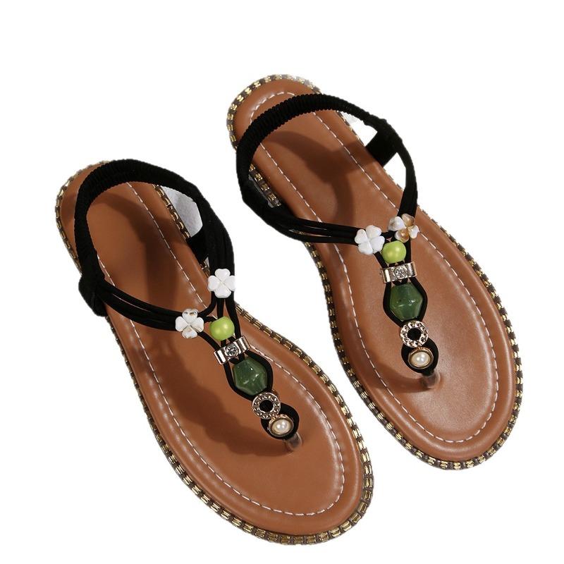 Summer New Women's Flat Beach Sandals Plus Size Beaded Ethnic Style Thong Sandals