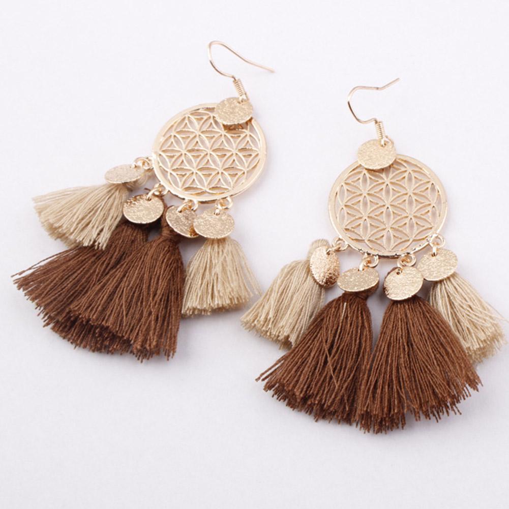 Women Stylish Hollow Out Dream Catcher Design Tassel Earrings