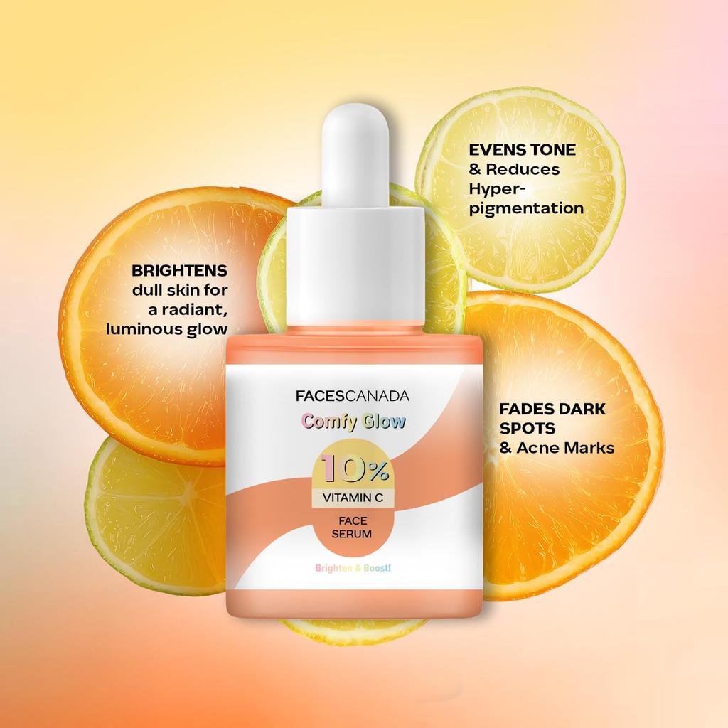 FACES CANADA Comfy Glow 10% Vitamin C Face Serum - 15ml | Brightens Complexion | Dark Spot Reduction | Lightweight | Prevents Premature Aging | H