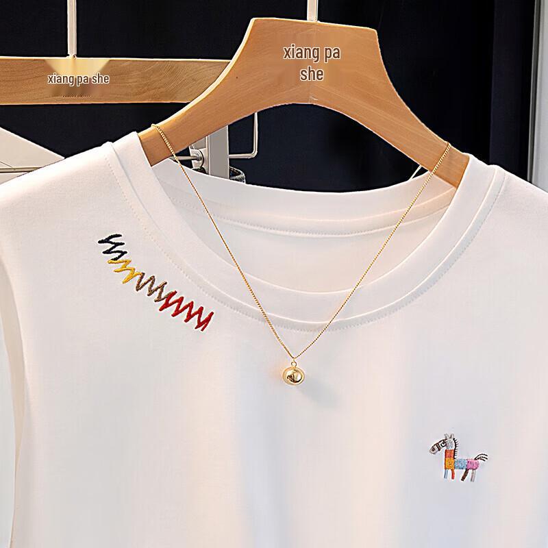 Damen-T-Shirt mit Rundhalsausschnitt, kurzen Ärmeln und Stickerei